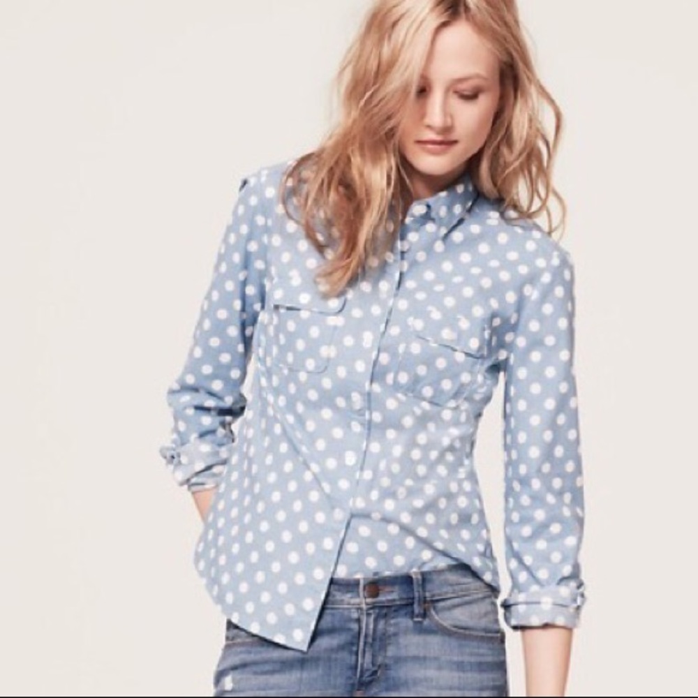 LOFT Blue and White Polka Dot Chambray Shirt
